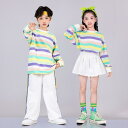 キッズダンス衣装 ジャズ ヒップホップ チアダンス 演出服 男女お揃い 舞台衣装 ボーダー柄 長袖Tシャツ プリーツスカート ロングパンツ カラフル ダンス衣装 学園祭 発表会 体育祭 演出服(4)