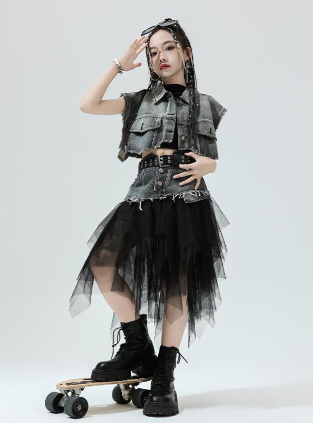 a・s・k storeの女の子 ダンス衣装 ジャズ ヒップホップ ダンス衣装 デニムベスト デニムチュールスプライス スカート イレギュラー裾 デニムスカート 女の子 jazz hiphop チア ガールズ ダンス 演出服｜アングル2