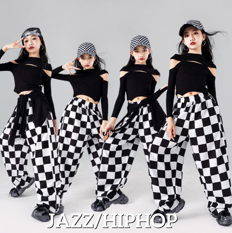 女の子 ジャズダンス 衣装 子供 KPOP ジャズ ヒップホップ ダンス衣装 女の子 ダボ感 ダンスパンツ ゆったり チェック柄パンツ 長袖tシャツ jazz hiphop ダンス衣装 ダンス 発表会 演出服 おしゃれ