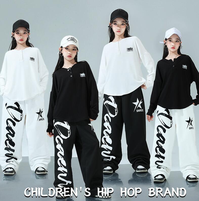 キッズ ヒップホップ 衣装 上下セット 男女兼用 かっこいい 演出服 ゆったり 長袖Tシャツ ストレートパ..