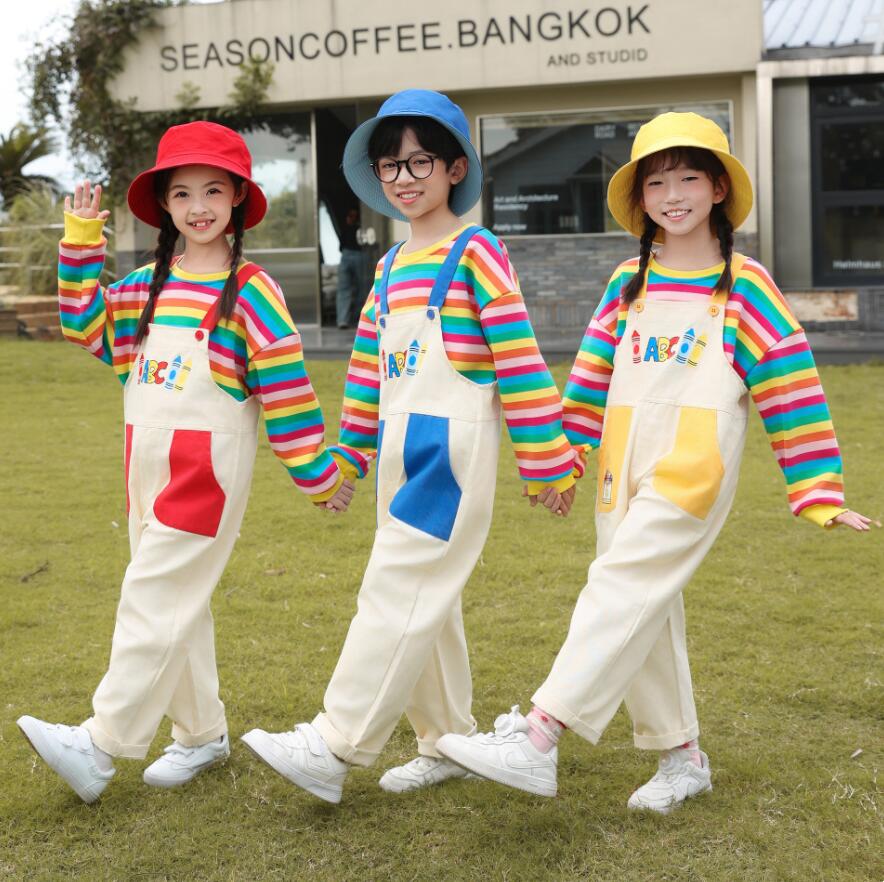 キッズ オーバーオール 子供 サロペット パンツ 2点セット 虹色 長袖Tシャツ ボーダー柄 キッズダンス..