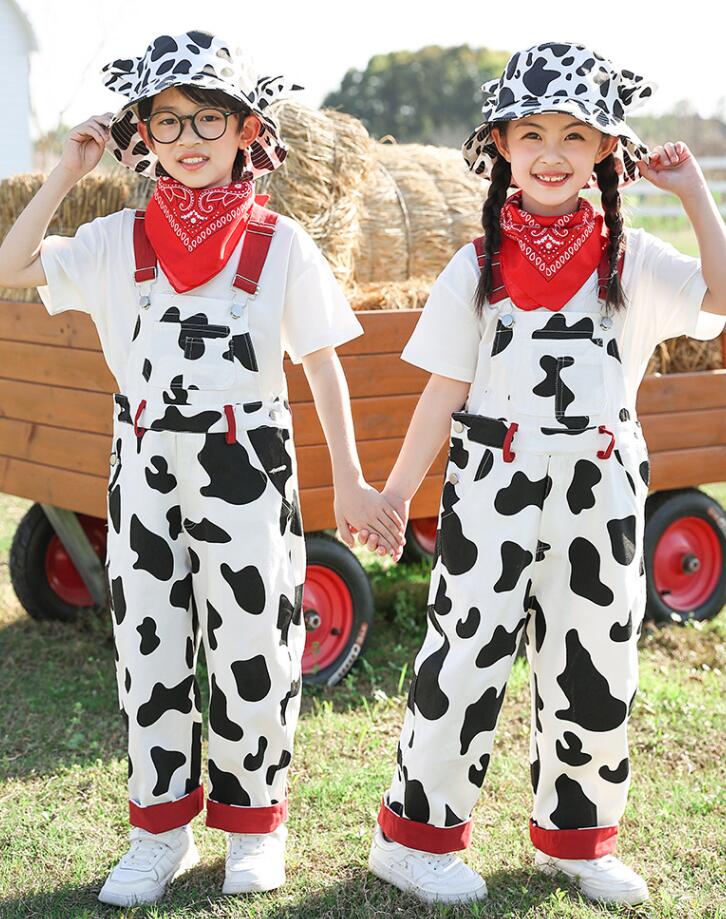 キッズ オーバーオール 子供 乳牛柄 サロペット パンツ 半袖Tシャツ キッズダンス衣装 チア ガールズ ..