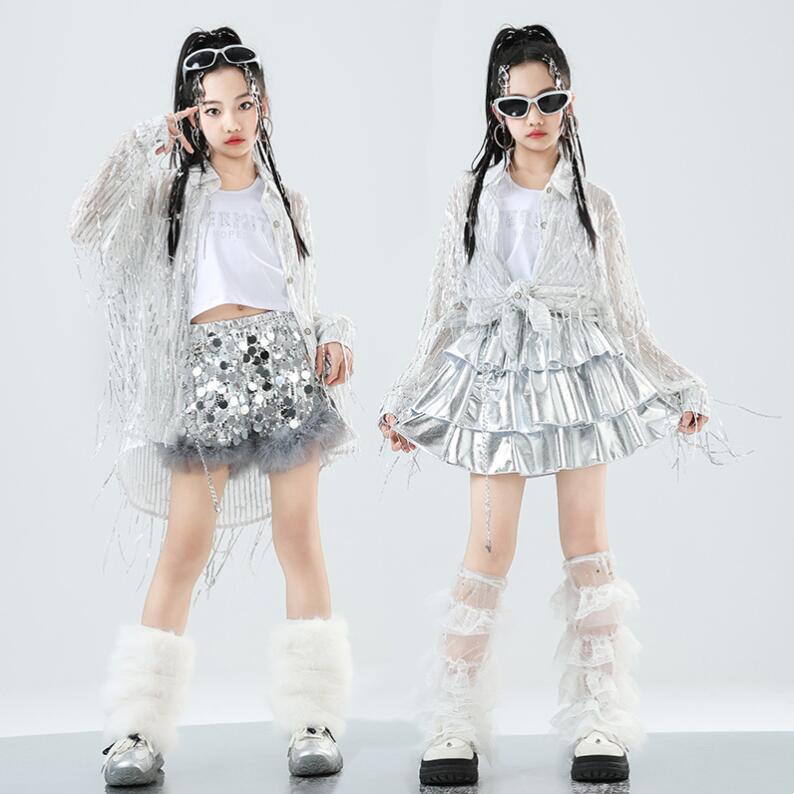 Rakuten - 女の子 ジャズ ダンス衣装 ヒップホップ ダンス衣装 フリンジ付き スパンコールシャツ スパンコールスカート レザー プリーツスカート 光沢有り かっこいい ダンス衣装 女の子 チア ダンス 衣装