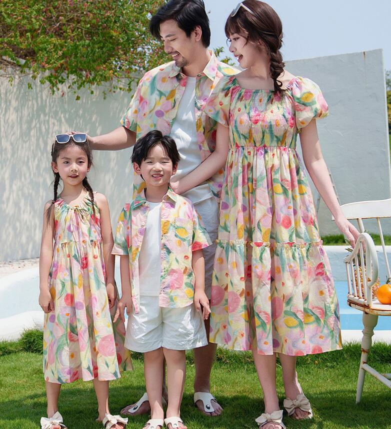 親子ペア 衣装 カップル 夏服 半袖 花柄ドレス ロング丈 ワンピース シャツ＋半ズボン アロハシャツ 海..