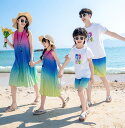親子 ペアルック 夏服 カップル 家族お揃い 撮影衣装 グラデーション 袖なし フリルドレス 配色 Tシャツ+半ズボン カップル 夏服 海旅行 新婚旅行 ビーチ衣装 家族活動 親子コーデ カップル プレゼント