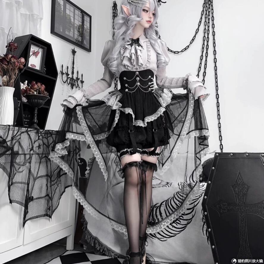 レディース ハロウィン コスプレ衣装 髑髏 ゴシック 暗黒風 コスチューム 宮廷 暗黒 魔女 悪魔 どくろ 変身仮装 長袖シャツ 燕尾チュールスカート 半ズボン 舞台劇 オペラ 演出服 a-s-k-10010555 a・s・k store サンプル画像2