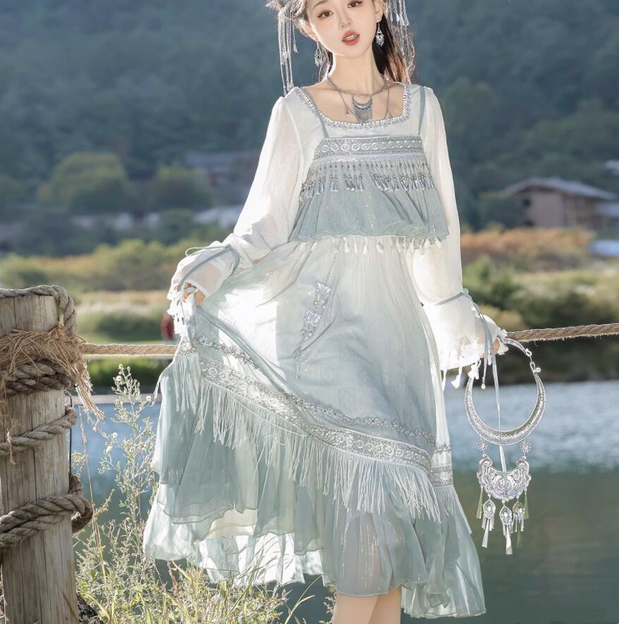 漢風 ドレス 改良版漢服 レディース ハロウィン コスプレ衣装 漢元素 華流 古風 衣装 キャミソールドレス＋長袖ブラウス2点セット フリンジ付き 金属飾り付き 学園祭 文化祭 イベント 撮影衣装 a-s-k-10010928 a・s・k store サンプル画像2