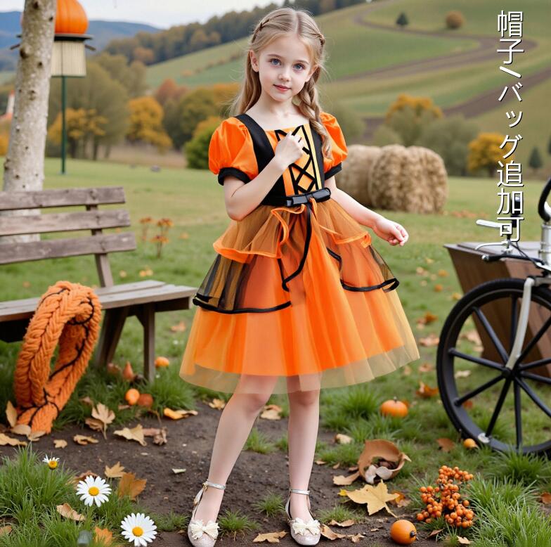 女の子 ハロウィンワンピース オレンジ 半袖 チュールドレス カボチャドレス 女の子 ハロウィン元素 コ..