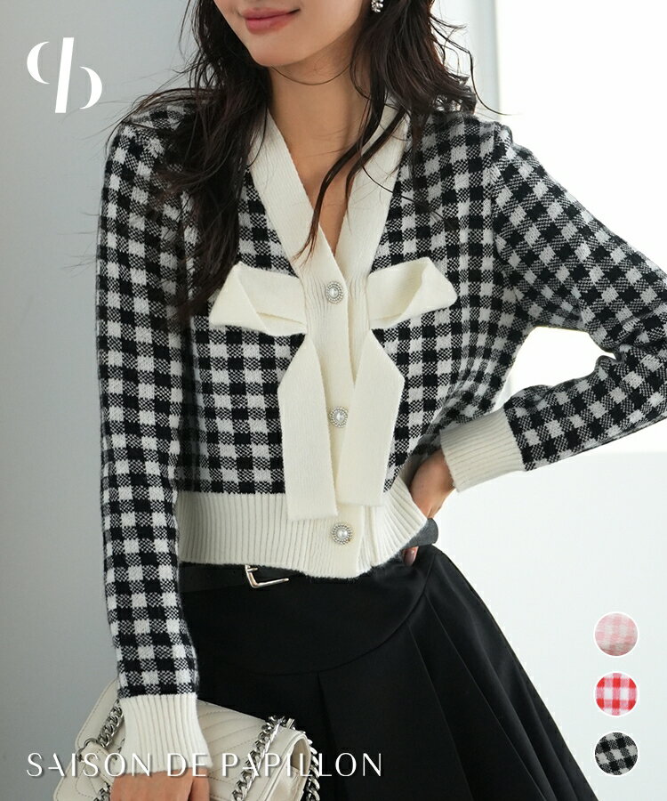 V-Neck - ニット 秋 長袖 レディース Vネック 2way カーディガン プルオーバー メタルボタン ボタン パールボタン ショート丈 ギンガムチェック チェック柄 デザインボタン 袖リブ切り替え フロントリボン