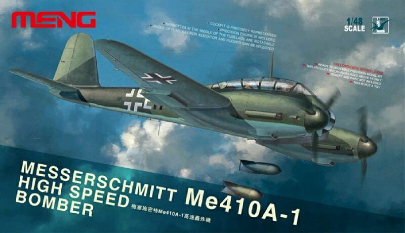 商品説明 発売日 2013 年9 月 ブランド モンモデル(meng-model) 製品仕様 組み立て塗装が必要なプラモデル。別途、工具、塗料等が必要。 1/48 スケール未塗装プラスチック組み立てキット 詳細 モンモデル 「1/48 ドイツ空軍 メッサーシュミットMe410A-1 高速爆撃機」 プラモデルです。 1942年に登場したMe410の爆撃機型です。爆弾搭載量2トン、最大速度は620km/h。プラパーツ数280点、エッチングパーツ付き。DB603エンジン2基付き。胴体後部の遠隔操作機銃は可動式。 ※商品の画像は試作品、実機・実車、イメージなどを内容の補助的説明として、掲載いたしておりますので実際の商品と異なる場合が御座います。 注意事項 ・当店でご購入された商品は、原則として、「個人輸入」としての取り扱いになり、すべて 中国の江蘇省からお客様のもとへ直送されます。 ・ご注文後、2-3 営業日以内に配送手続きをいたします。 配送作業完了後、1-2 週間程度 でのお届けとなります。 ・個人輸入される商品は、すべてご注文者自身の「個人使用・個人消費」が前提となります ので、 ご注文された商品を第三者へ譲渡・転売することは法律で禁止されております。 ・関税・消費税が課税される場合があります。詳細はこちらご確認下さい。 ＊色がある場合、モニターの発色の具合によって実際のものと色が異なる場合がある
