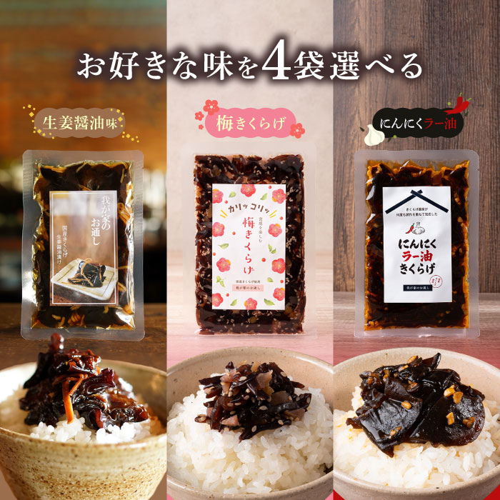 Chinese Foods - 選べる4袋セット！国産きくらげ 我が家のお通し【生姜醤油漬】【梅きくらげ】【にんにくラー油きくらげ】おにぎり お弁当 ご飯のお供 お弁当のお供 朝ごはん おつまみ