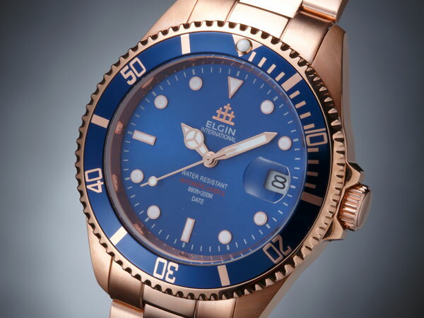 エルジン 腕時計（メンズ） 【国内正規品】エルジン ELGIN 腕時計 200m防水 自動巻き ダイバーズ FK1405PG-BL ピンクゴールド
