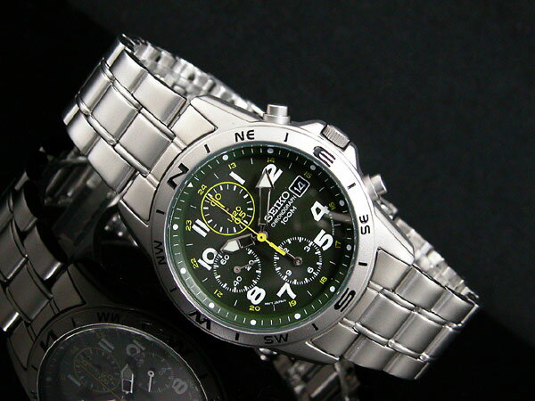 【正規品】セイコー SEIKO 逆輸入 クロノグラフ メンズ 腕時計 SND377P カーキグリーン×シルバー メタルべルト