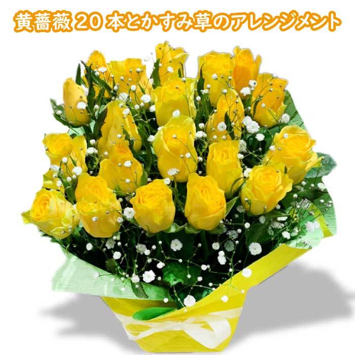 バラ 黄色 薔薇 20本 アレンジメント カスミソウ バラ アレンジメント 豪華 花 プレゼント 送別 卒業 昇進 卒園 就職 成人 バースデーフラワー 誕生花を使った 誕生日プレゼント 女性 母 祖母 義母 女友達 男性 父 花 誕生日 お祝い フラワー ギフト お誕生日 お花祝いのサムネイル