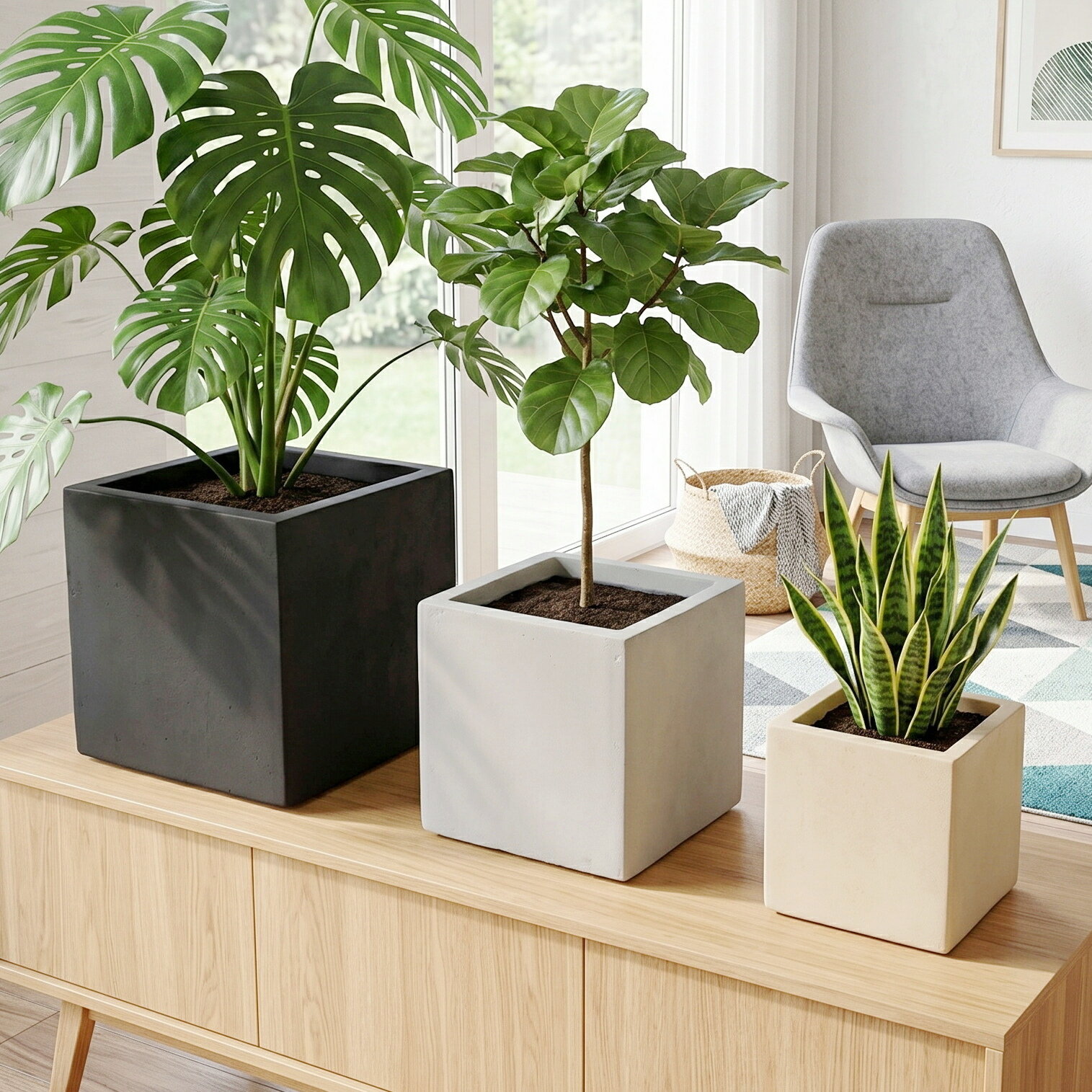 Rakuten - 植木鉢 おしゃれ サーンプルスクエアM (3色)＜ 外寸29cm グラスファイバー セメント グレー ホワイト アイボリー ブラック 底穴あり コンクリート 四角 正方形 軽い 軽量 大型 プランター 鉢 特大 大きめ 室内 屋外 鉢植え 園芸 観葉植物 多肉植物 塊根植物 サボテン 花＞