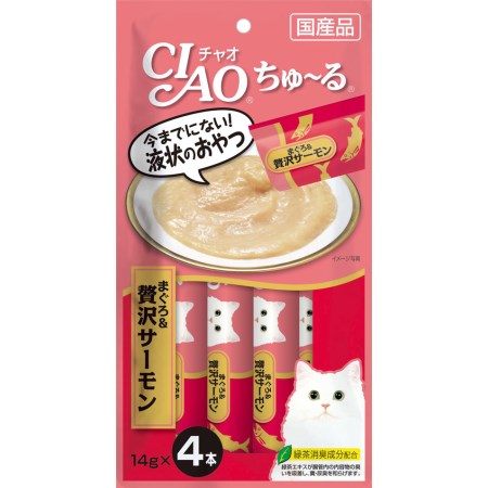 楽天にゃんともわんとも【在庫限り】【賞味期限2024年5月】【16時まであす楽】【メール便6個・ネコポス8個OK】いなばペットフード　CIAO/チャオ ちゅ〜る まぐろ＆贅沢サーモン 14g×4本 SC-143