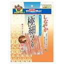 　鶏肉の中で最も低脂肪なササミを風味豊かなおさかなのすり身でサンドしました。お肉とおさかなの旨味がお口に溢れ出します。 おいしくて食べやすいしなやかさ。しなやかなササミめんは多くの愛犬に、良質のタンパク源を提供します。 噛みやすく美味。幼犬や高齢犬に最適です。 ■2ヶ月未満の幼犬には与えないでください。 ■原材料： 鶏ササミ、魚肉加工品、糖類、ソルビトール、グリセリン、プロピレングリコール、酸化防止剤（エリソルビン酸ナトリウム、亜硫酸ナトリウム）、ミネラル類（ナトリウム）、リン酸塩（Na）、調味料、保存料（ソルビン酸カリウム）、発色剤（亜硝酸ナトリウム） ■成分： 粗たんぱく質：32.0%以上、粗脂肪：0.3%以上、粗繊維：1.5%以下、粗灰分：8.0%以下、水分：32.0%以下 ■カロリー：100gあたり290kcal、1袋50gあたり145kcal ■生産国：日本 【検索用キーワード】 ドッグフード　ペットフード　犬　ワンちゃん　おやつ　餌　エサ　国産　日本製