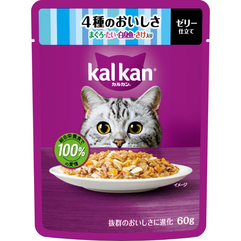 樂天商城 - ○【メール便10個・ネコポス12個OK】［マースジャパン］カルカン パウチ 4種のおいしさ まぐろ・たい・白身魚・さけ入り 60g　猫用総合栄養食