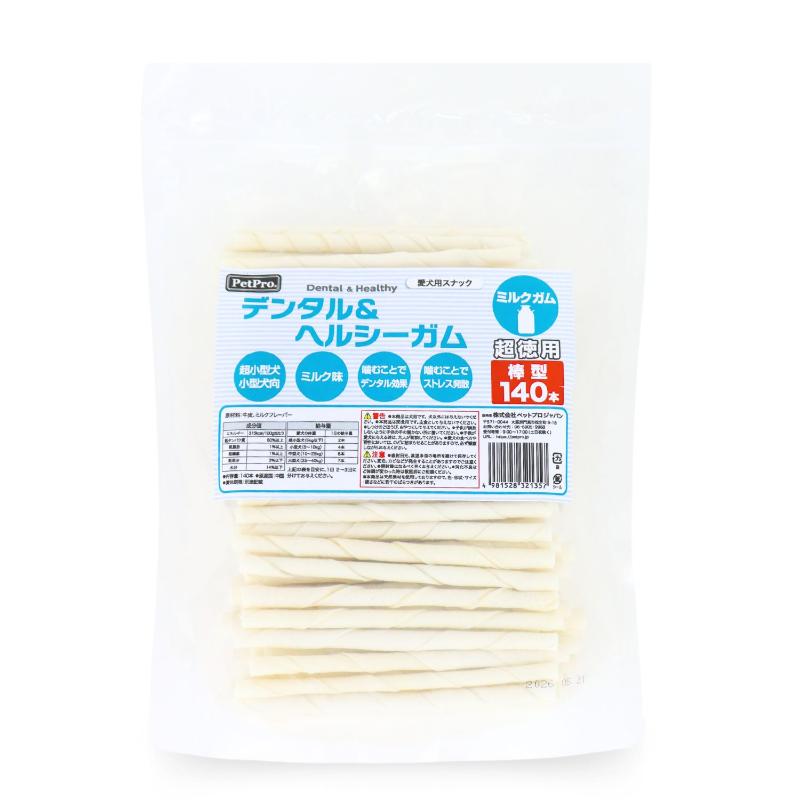 天然牛皮をミルク味で仕上げた、歯の健康を考えたハードタイプのガムです。噛むことにより歯を清潔にし、歯ぐきを丈夫にしていきます。 ［給与方法］ ［1日あたりの給与量目安］ 愛犬の体重：超小型犬(5kg以下)：2本、小型犬(5～10kg)：4本、中型犬(10～25kg)：6本、大型犬(25～40kg)：7本 ・上記給与量を目安に1日2～3回に分けてお与えください。 ＜注意事項＞ ・本商品は犬用です。犬以外には与えないでください。 ・本商品は間食用です。主食として与えないでください。 ・しつけのごほうび、おやつとして与えてください。 ・子供が誤飲しないように子供の手の届かない所に置いてください。 ・子供が愛犬に与える時は、大人が監視してください。 ・愛犬の食べ方や習性においては、のどに詰まらせることがありますので、必ず観察しながらお与えください。 ・開封後はなるべく早くお与えください。 ・消化不良など体調が変わった時は獣医師にご相談ください。 ・本商品は天然素材を使用しておりますので、色・形状・サイズ・硬さなどに若干のばらつきがあります。