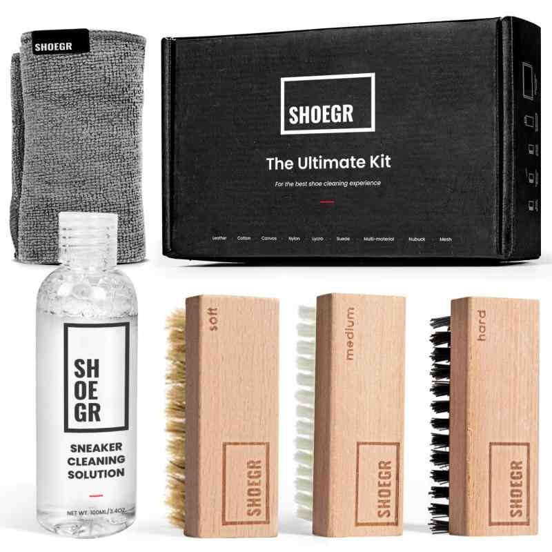 SHOEGR Unisex-Adult Ultimate Shoe Cleaning Kit Suitable For Sneaker, Nubuck, Canvas, Trainers, Multi-Material Suede Shoe Care Kit-Cleaning Solution, Brushes Microfiber Towel Shoe Cleaner Black