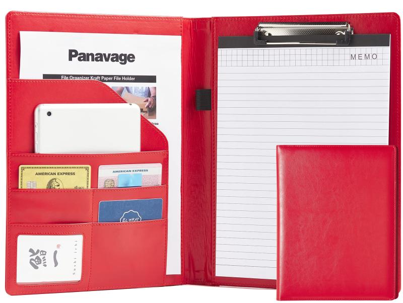 Panavage バインダー A4 クリップボード PU クリップ ファイル 二つ折り 多機能 ペンホルダー ポケット付き 名刺入れ メモ帳付き (赤)