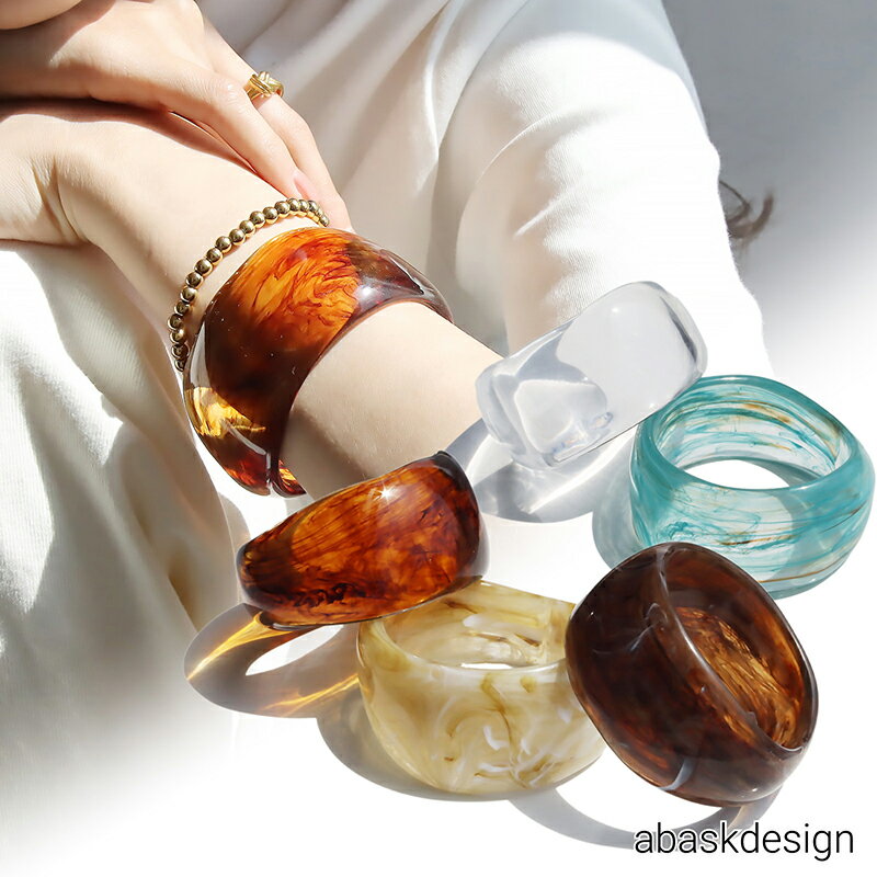 バングル マーブルレジンカラーバングル 幅広 レディース 太め 夏 アクリル 透明 クリア ブラウンイエロー ベージュ ブルー シンプル 韓国ファッション アク...