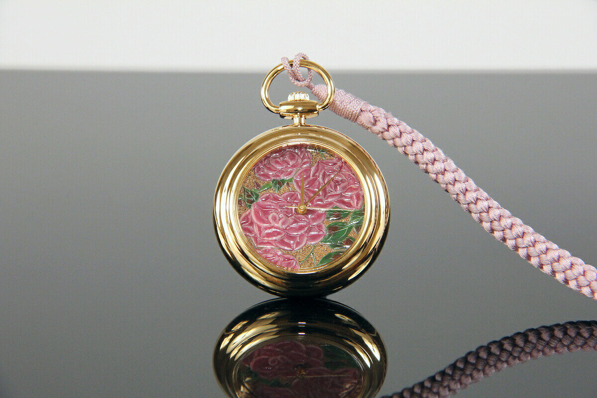 懐中時計 高級時計 蒔絵 浄法寺漆 蒔絵時計 漆塗り 和風 和風小物 大川 彰 作 若冲 浄雅 JOGA MAKIE 漆文字盤 「若冲写 薔薇図」 クオーツ ポケットウォッチ 懐中時計 提げ時計 和服 G02-051