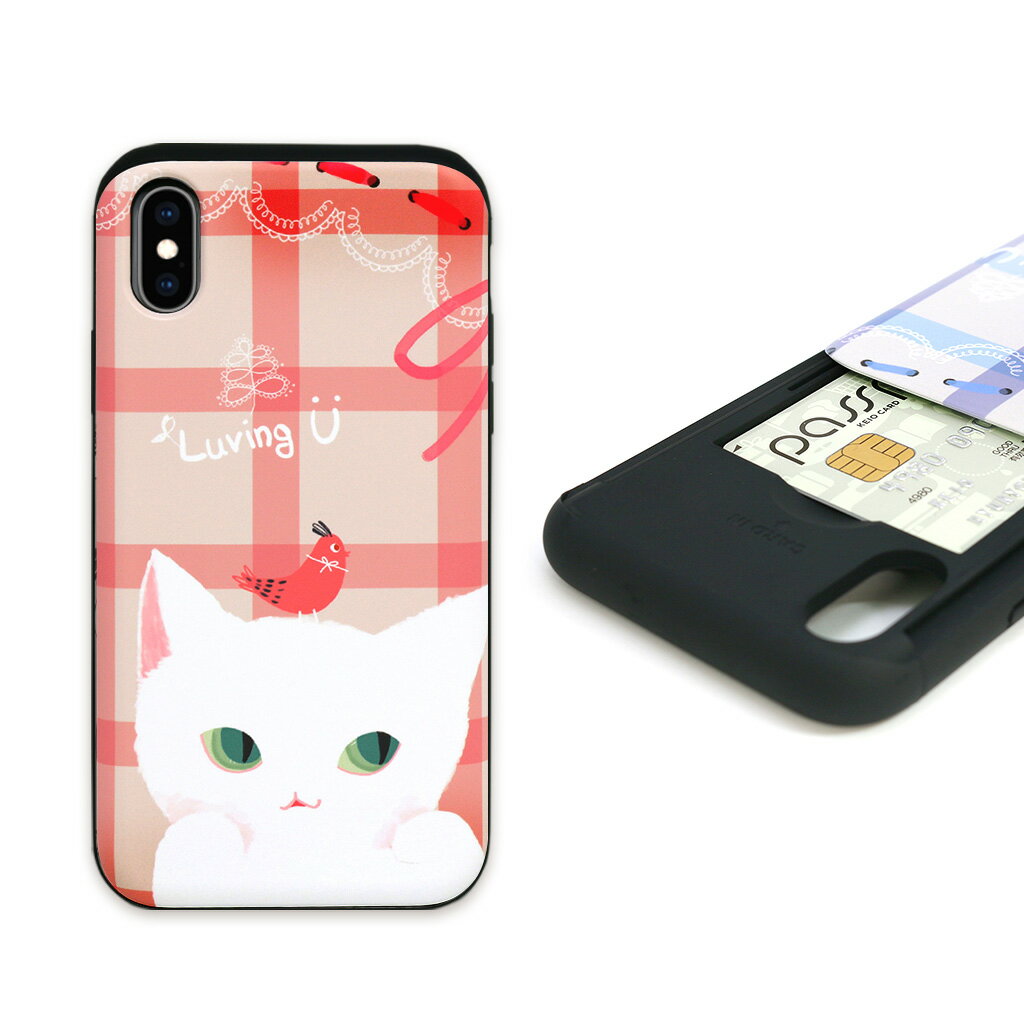 iPhone XS / X ケース iPhone XR ケース Happymori Card slide Cat Couple（ハッピーモリ カードスライド キャットカップル）アイフォン カバー スライド式 カード収納