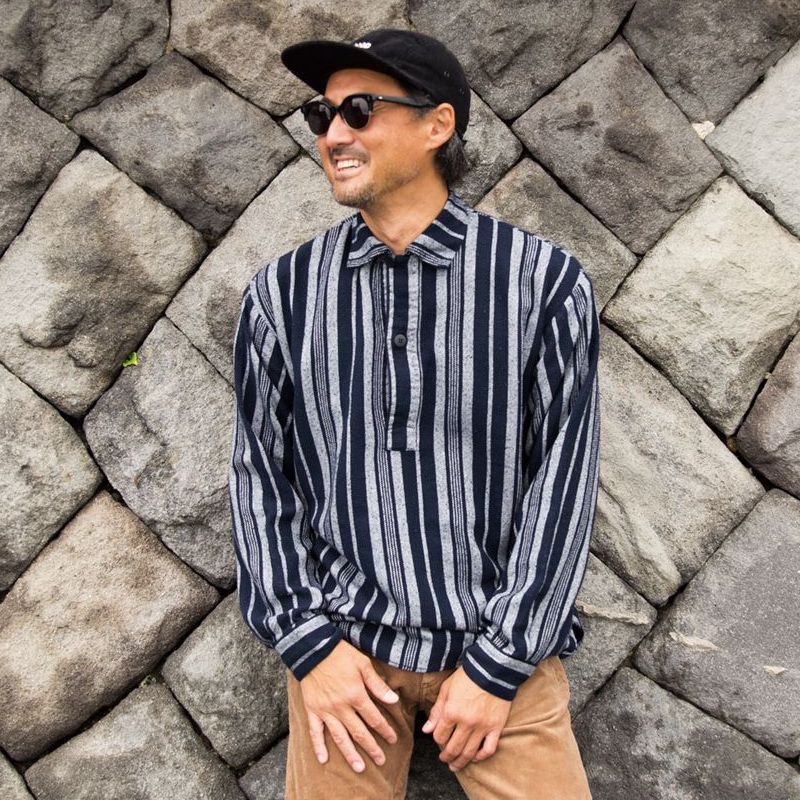 TURN ME ON（ターンミーオン) ルーズシルエットストライプP/Oシャツ(NAVY) (MENS)M/Lサイズ