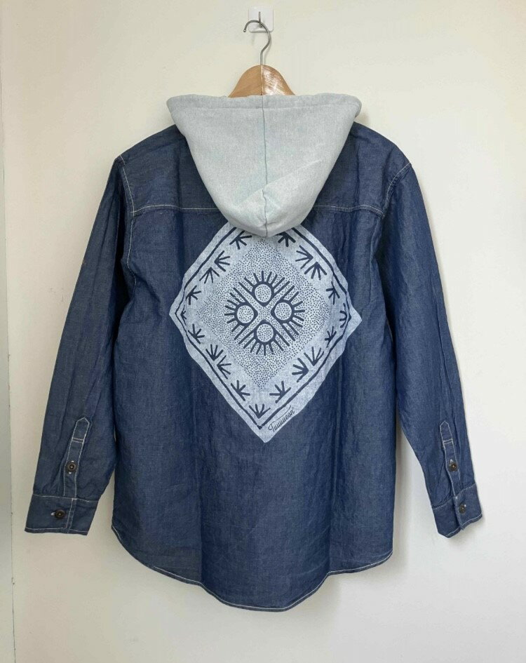 TURN ME ON（ターンミーオン) スエットフード付き シャンブレーワークシャツ (BLUE) (MENS)M/Lサイズ