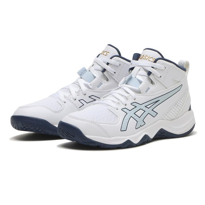 【ASICS】 アシックス DUNKSHOT MB 10 ダンクショットMB10 1064A019.106 WHITE/SOLID AIR【ご注意】こちらの商品は弊社実店舗からも集約(入荷)するため、「靴箱の破損、色あせ、プライス貼付、剥がし跡」「靴箱内の包装用紙破れ、商品タグなどが無い状態」「履きジワやボンドの付着、若干のシミ、汚れ」が生じる場合がございます。また、正規の靴箱が著しく破損している状態時には代替の靴箱を使用する場合もございます。尚、弊社実店舗から集約しました商品は検品を行って販売可能な商品をご案内致しております。その為、商品の状態の指定はできませんので予めご了承下さい。※こちらの商品につきましては下記ご利用ガイドをご確認下さい。■ご利用ガイド つま先の動きとサポート性を高めながら成長期の足を支えるキッズ専用ラストを採用。ミッドソールには自然な体重移動を促す構造と前足部の屈曲性を高める屈曲溝を配置し、筋力の発達していないジュニアの動きをサポート。足首周りの内側は厚手のスポンジを採用、外側にはサポートパーツを搭載することで足首のフィット性と安定性を追求。 サイズ目安はこちら【サイズ目安】(個人差がございますので、あくまでも目安とお考え下さい。)このシューズの作りは標準です。素材=人工皮革（=合成皮革）・合成繊維・合成樹脂・ゴム【ご購入前に必ずこちらをご確認ください。 】 [ABCMART][ABCmart][abcmart][ABCマート][abcマート][エービーシーマート][エービーシー][エービーシー マート]