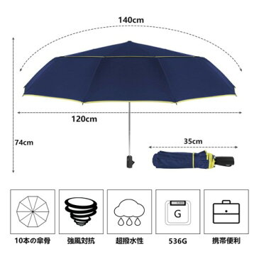 自動開閉 折りたたみ傘 風に強い ダブルキャノピー 完全遮光 晴雨兼用 CtopxCone 自動開閉折り畳み傘 2重構造 耐風撥水10本骨140CM男女兼用 丈夫 大型 大きな傘 梅雨対策 収納ポーチ付き (ブルー)