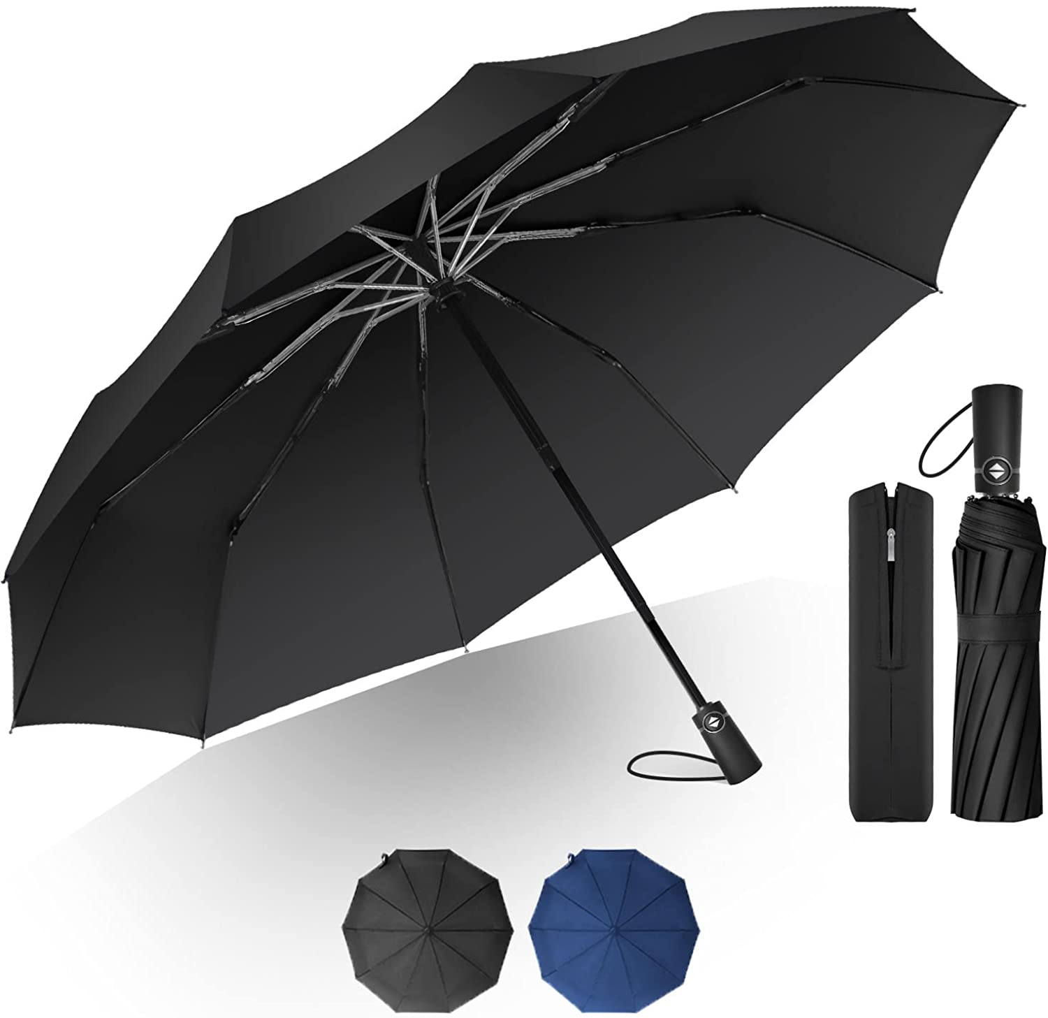 Rakuten - 折りたたみ傘 ワンタッチ自動開閉 Teflon加工 10本骨 118cm 210T高強度グラスファイバー テフロン加工 耐風撥水 晴雨兼用 収納ポーチ付き (10本 丸型ハンドル ブラック)