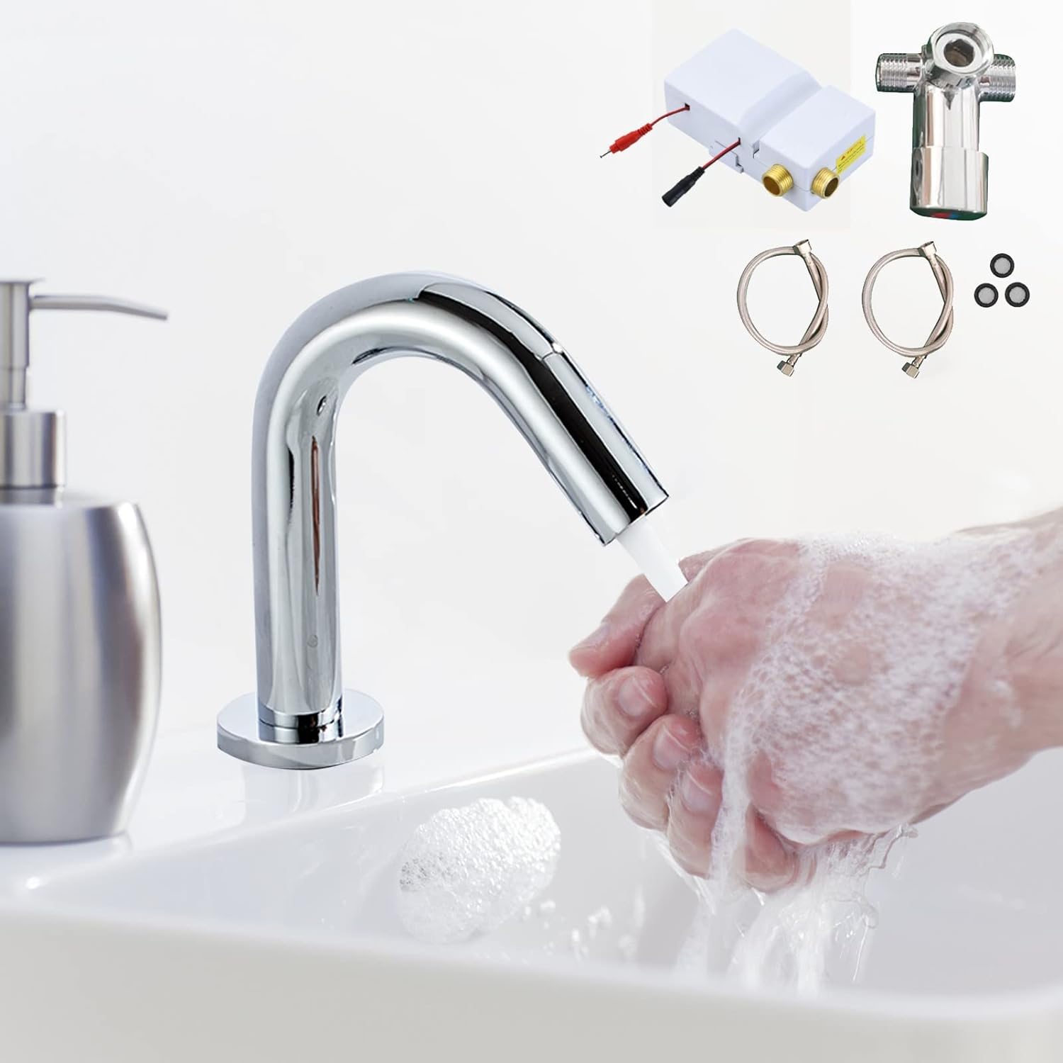 【冷温混合水栓】自動水栓 センサー水栓 単水栓 自動蛇口 洗面用 洗面所 浴室 高精度赤外線検知 電池式..