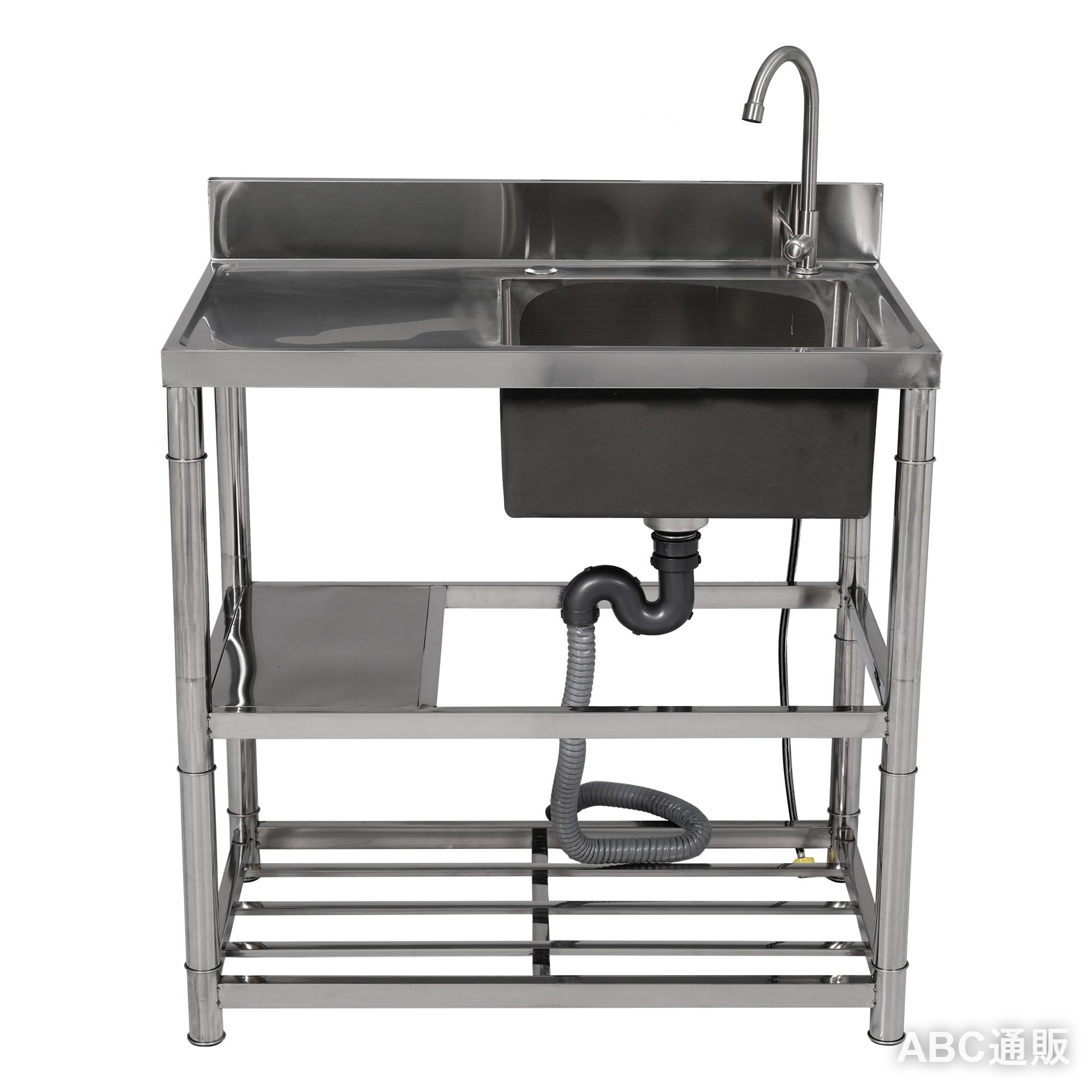 01【清潔で快適な屋外作業に】サビに強いステンレス製の屋外シンクです。ガーデニングやBBQの準備、ペットの足洗いなど、屋外でのちょっとした洗い物にとても便利です。丈夫でサビにくい素材を使用しており、雨ざらしの場所でも安心して長くご使用いただけます。シンプルで使いやすいデザインで、毎日の暮らしをより快適にサポートします。 02【豊富な付属品付きで便利！】届いてすぐに組み立てていただけます。（フレキホース）（蛇口アダプター） （排水セット）（ステンレス製?水栓蛇口）（S型排水木一ス）（コネクター）ル（シーテープ）（軍手） 03【ステンレス製で錆びに強く、お手入れ簡単】耐久性に優れ、錆びにくいため、屋外でも安心してお使いいただけます。汚れがつきにくく、お手入れもラクラクです。 04【手洗い・洗い物に便利な深型シンク】約19cmの深型シンクで、水ハネしにくく快適にお使いいただけます。【便利な作業台付きで、さらに使いやすく】野菜や果物を切ったり、小物を置いたりと、ちょっとした作業に便利なスペースを備えています。 05【包丁収納に便利なナイフラック付き】使用後の包丁をサッと収納でき、作業スペースを広く保てます。安全面でも安心です。【左右選べる蛇口位置】蛇口の位置は左右どちらでも選べ、使い勝手に合わせて調整できます。【収納棚付きでスッキリ省スペース】収納棚付きなので、洗剤や洗い物用品をすっきりまとめて、省スペースで保管できます。 a992688 qww20260307wwq