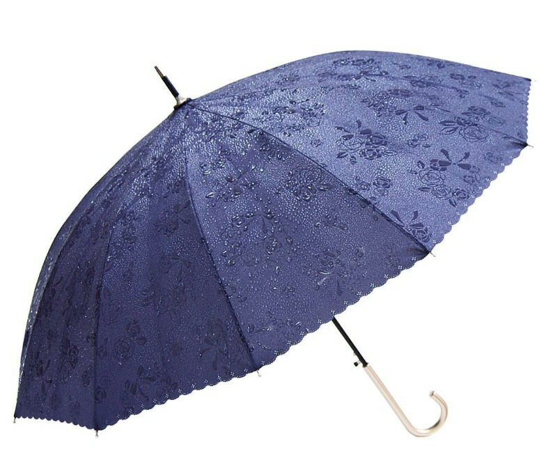 晴雨兼用傘 日傘 インスタ映 上品 花柄 晴雨 兼用 UV加工 晴雨兼用 [濡れると柄が浮き出る] 撥水加工 ジャンプ長傘 (ローズ) ネイビー JK-85-04