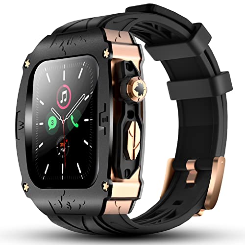 楽天abc通販高級メタルケース Apple Watch 9 8 7 45mm 6 SE 44mmバンド カバー付き 高耐久 頑丈なケース シリコンストラップ 男性用 iWatch 6 5 4 SE 44mmフル保護カバー （ブラック - ローズゴールド）