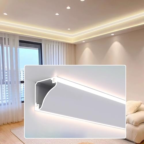 テープライト カバー LEDストリップライト用アルミチャンネル フレキシブルLEDライト拡散チャンネル（表面実装）、 天井用クラウンモールディング照明プロファイル(色：ホワイト 長さ1.5m/4.9ft)