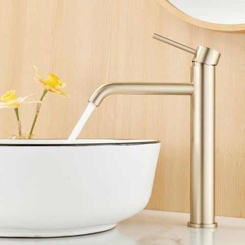 Rakuten - 洗面用水栓 洗面台蛇口 シングルレバー 混合水栓 浴室混合栓 手洗いボウル用 283mm 高台の洗面器に適しています シンプルなスタイル ステンレス製 取り付けホース付き 【色 ヘアライン ゴールド】
