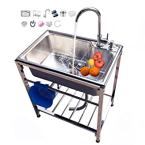 【サイズ: 600x450x高さ750mm】ステンレス製 流し台 キッチン用流し台 劣化に強い 傷防止 簡易流し台 屋外 ガーデンシンク キッチンシンク シングルシンク 台所用流し台 業務用一槽流し台 蛇口水栓付き 簡易排水シンク 多機能の流し台 屋外、屋内、ガレージ用