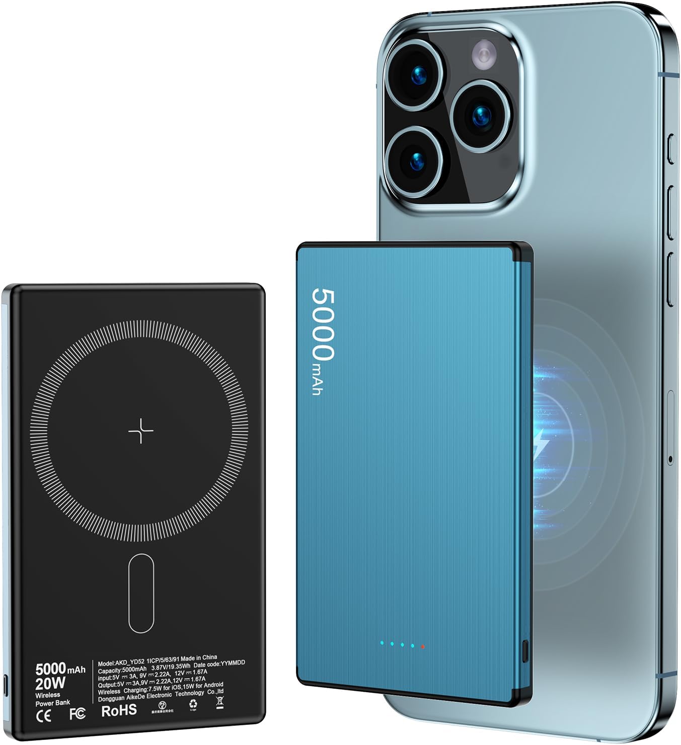 モバイルバッテリー 軽量 iphone Android【7.9MM限界の薄さ!15W 急速充電&PD20W】 Type-Cポート出力/PD対応 PSE認証済み iPhone13 / 12 シリーズ Galaxy S20など各種対応商品寸法7.9×66×107mm (ブラック+ブルー)
