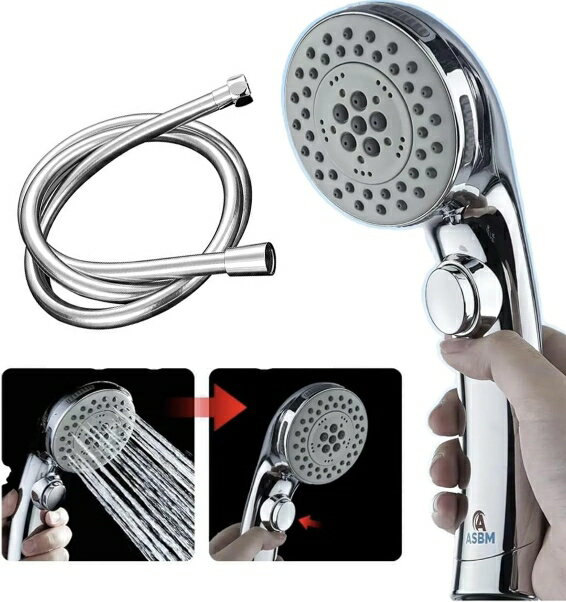 シャワーヘッド＆ ホース［2M］付き / 5段階モード / ストップボタン / 節水 シャワー 国際汎用基準G1/2 クロムメッキ シャワーヘッド 2mシャワー...