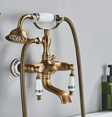 浴槽水栓 レインシャワー 節水 シャワー製品 壁付水栓 シャワー水栓 ハンドシャワー付き ミキサータップ 浴槽の蛇口 シャワーミキサー,金,黒ブロンズメッキ加工 真鍮 アンティーク シャワー水栓【色 ブロンズ-ホワイトハンドル】