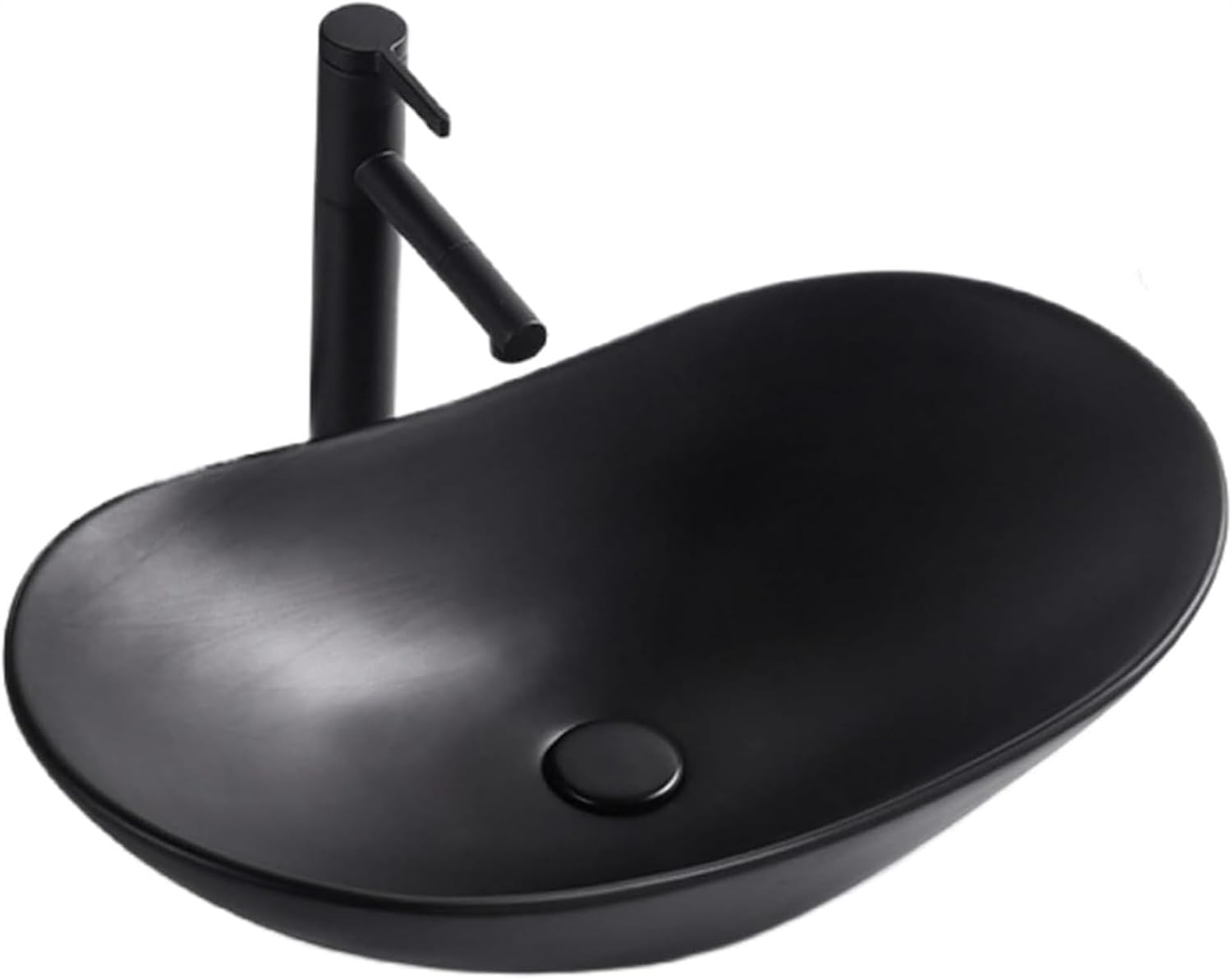Rakuten - 洗面台 洗面ボウル 洗面ボール 手洗いボウル 手洗いボウルセット 手洗い鉢 洗面鉢 手洗い器 ボウル 洗面 小さい手洗い器 陶器製 排水金具付き 楕円形 豪華 混合水栓 シンプル 置き型 深型 蛇口付き (52*32*15cm,ブラック)