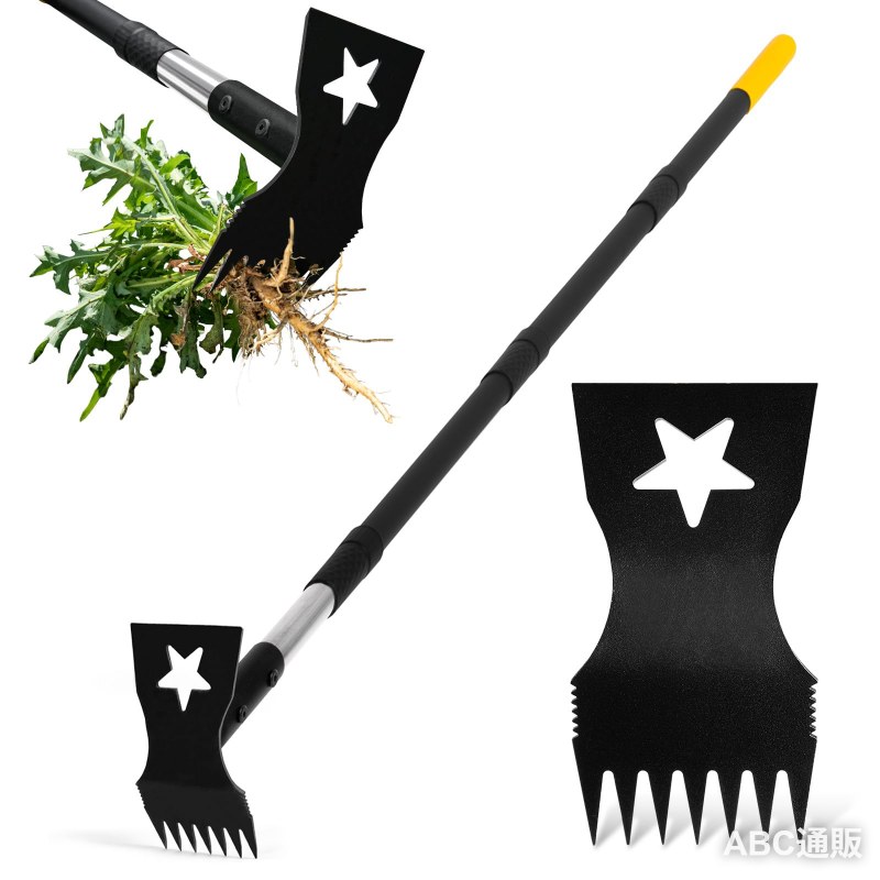 1台2役の多機能除草ツール：Blumetrec の草取り道具は、除草レーキと園芸鍬の機能を兼ね備えた2WAYガーデンツールです。反転するだけで簡単に切り替えでき、雑草抜き・草むしりから土ほぐしまで1本で対応できます。レーキ側では丈夫な金属製の爪で雑草を根からしっかり引き抜き、鍬側では平刃を使って土起こしや土ほぐしをスムーズに行えます。これ1本で除草・土掘り・土壌改良まで対応できるため、庭や芝生、花壇、家庭菜園などのお手入れを効率よく行えます。 根こそぎ除草で効率アップ：これは毎日の庭の草取りの素早い草取りのために設計された手動除草ツールです。短時間でより多くの雑草を除去できます。7本の高強度マンガン鋼製レーキ爪が土の奥深くまで入り込み、タンポポやメヒシバなどの頑固な雑草の根をしっかりキャッチし、根元から引き抜くことで再発を抑え、短時間で効率的な除草作業を実現します。庭や芝生、花壇、家庭菜園のお手入れに活躍する実用的な草取り器具です。 立ったまま長さ調節可能なハンドル：この草刈りレーキは、多段式の着脱式ポールを採用しており、約67.5?137cmまで長さを調節できます。腰を曲げたり膝をついたりすることなく、立ったまま快適に作業できます。広い庭や芝生でもラクに使え、長時間の作業でも身体への負担を軽減します。ねじ込み式接続によりしっかり固定でき、安定感のある使用感を実現します。さらに、握りやすいグリップ設計で操作性も向上し、手への負担も軽減します。 土起こし・土ほぐしにも活躍：平刃側へ反転すると、土を効率よく掘り起こしたり、固くなった土をほぐしたりできます。幅広ブレードが表面の雑草を削り取り、固まった土を砕きながら土壌をやわらかく整え、土壌の通気性を向上させます。花壇づくりや家庭菜園、芝生メンテナンスにも便利で、庭・パティオ・通路周りの土壌環境改善にも役立ちます。 ハンディタイプにもなる便利な2WAY仕様：延長ポールを取り外せば、短柄タイプの手持ち草取り道具として使用可能。花壇や植え込み、狭い場所での細かな作業にも便利です。耐久性に優れたスチール構造で変形しにくく、五芒星デザインのブレードは強度を維持しながら軽量化を実現。機能性とデザイン性を兼ね備えています。収納や持ち運びも簡単で、理想的な家庭用ガーデンツールです。