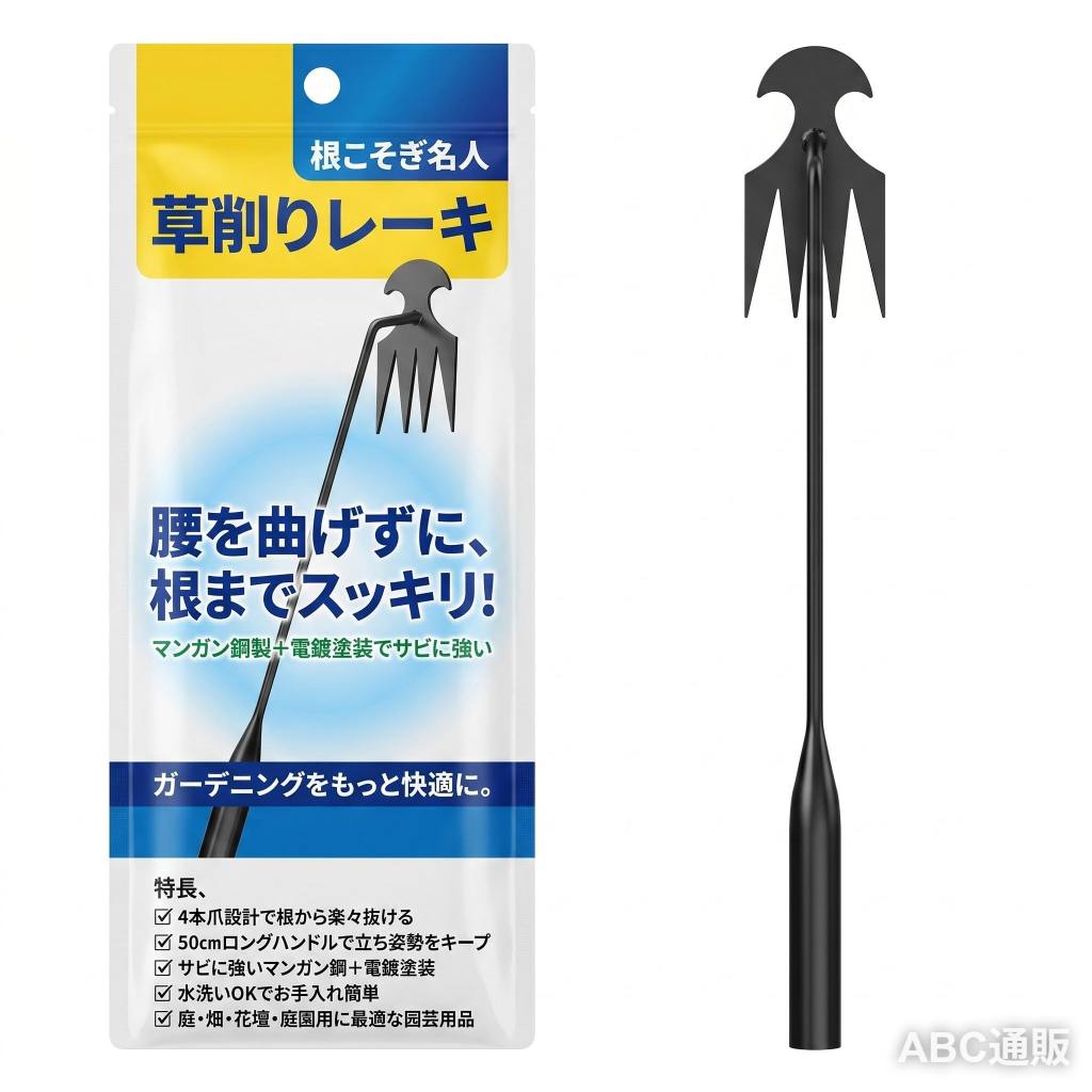 根までしっかり抜ける草取り道具：先端が鋭く細い設計で硬い土にもスッと差し込め、雑草の根元を逃さずキャッチ。てこの原理で軽く引き上げるだけで、しぶとい雑草も根こそぎ除去できます 4本爪構造で軽い力でもラクに除草：独自の爪形状が地中で雑草をホールドし、力を入れすぎずスムーズに引き抜き。長時間の草抜き・雑草取りでも手首や腕が疲れにくく、作業効率がぐんと上がります サビに強いマンガン鋼＋電鍍塗装：刃からハンドルまで一体型のマンガン鋼素材に電鍍加工を施し、水や湿気に強い防錆仕様。使用後の水洗いもOKで、お手入れ簡単。長く使える園芸用品としてコスパも優秀です 腰にやさしい50cmの立ち作業設計：かがまず自然な姿勢で使える全長50cm。シニアや女性にも使いやすく、庭・花壇・家庭菜園の除草がぐっと快適に。吊り下げ穴付きで収納もスマートです ガーデニングから畑作業までマルチに活躍：草削りレーキとしての除草だけでなく、土ならしや小石拾い、植え替え時の根切りにも対応。庭園・畑・墓地の整備など、多彩なシーンで頼れる1本です