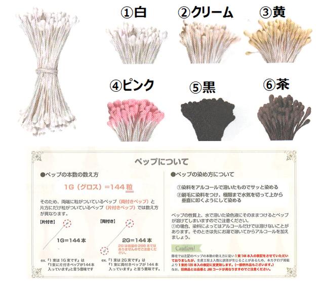 両付きペップ（素玉）2.5mm　1個　アクセサリー/アートフラワー資材 本物のお花で言う雄しべや雌しべとなる部分に使います。 また、アイディア次第でアクセサリー作りのパーツとして使うことが出来ます。 材料は主に小麦粉などでできているため、水には弱い素材です。 ヘッド：約2.5mm 本数：約120本 下記よりお好きなお色をお選び頂き備考欄にご記入ください。 1:白 2:クリーム 3:黄 4:ピンク　欠品 5:黒 6:茶　欠品