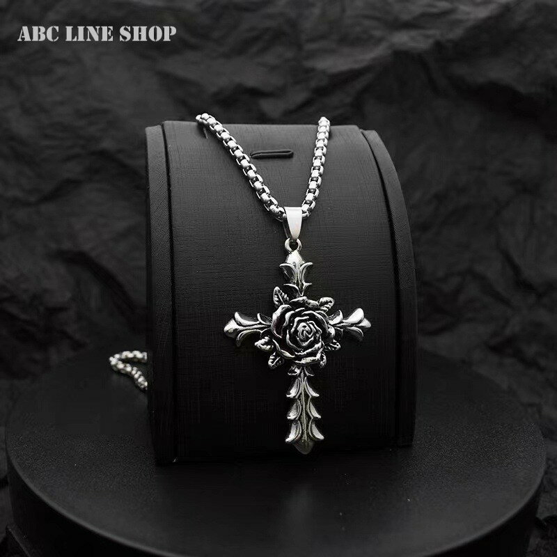 ネックレス メンズ 十字 薔薇モチーフ クロス ステンレスチェーン ロング メンズアクセサリー カジュアル ストリート 十字架 ファッション アクセサリー