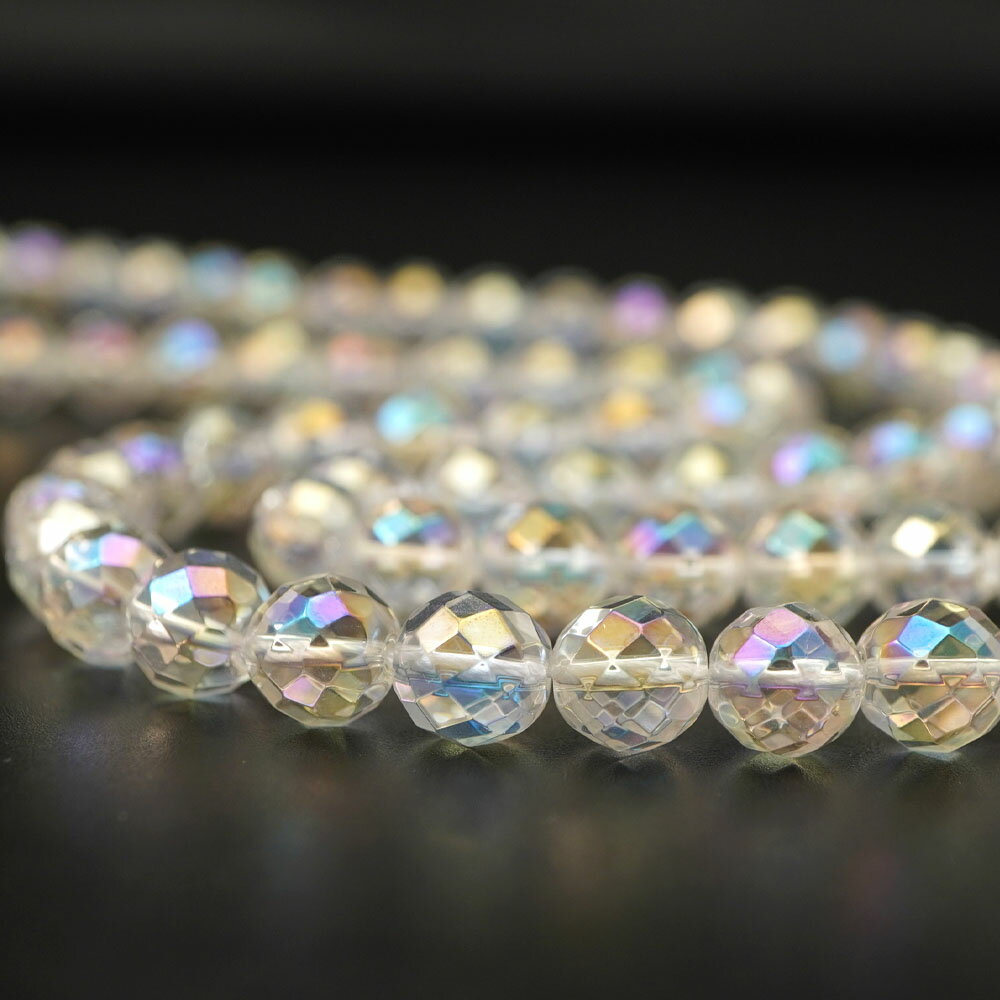 レインボーオーラ 10mm 64面カット ビーズ 連売り 約38cm 蒸着水晶 オーラクォーツ 天然石 パワースト..