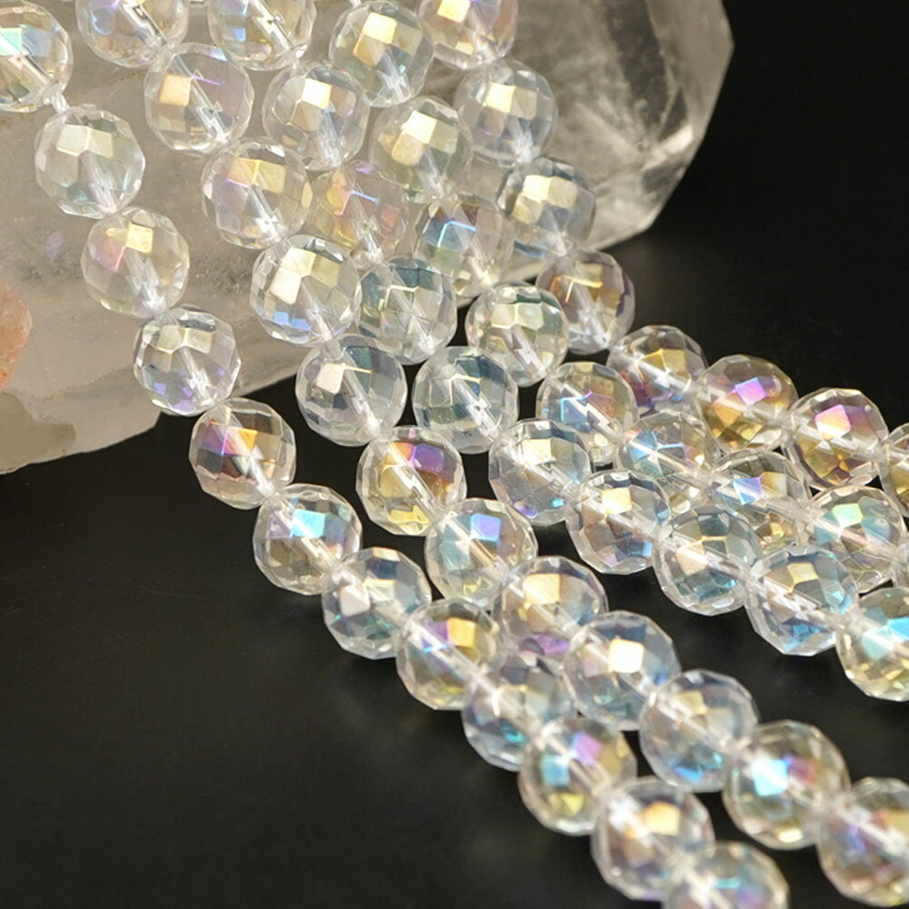 レインボーオーラ 10mm 64面カット ビーズ 連売り 約38cm 蒸着水晶 オーラクォーツ 天然石 パワーストーン 石 丸 玉 珠 連 手芸 手作り 自作 ハンドメイド アクセサリー パーツ 素材 材料 10ミリ